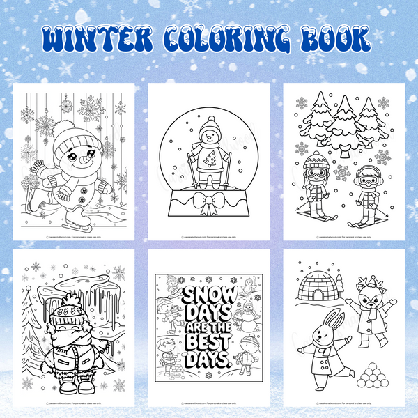 printable winter coloring book for kids with snowman coloring pages, skiing coloring sheets, snow coloring pictures, snow day coloring page, and easy winter coloring sheets for preschool