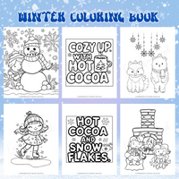 printable winter coloring book with snowman coloring pages, hot chocolate coloring sheets, winter animals coloring pages, ice skating coloring pictures, fireplace coloring pages, hot chocolate coloring pages