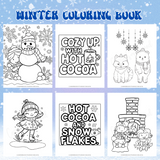 printable winter coloring book with snowman coloring pages, hot chocolate coloring sheets, winter animals coloring pages, ice skating coloring pictures, fireplace coloring pages, hot chocolate coloring pages