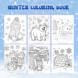 printable winter coloring pages, winter hat and mittens coloring page, polar bear coloring pages, ice skating coloring sheets, penguin coloring pictures, and igloo coloring pages