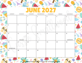cute June 2027 wall calendar landscape printable pdf, 2026-2027 monthly school year teacher calendar for classroom printable pdf template