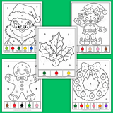 Printable simple Christmas color by numbers for kids pdf, easy Christmas color by number book preschool, kindergarten holiday color by number coloring pages, Grinch color by number, elf color by number, holly color by number, gingerbread man color by number, Christmas wreath color by number