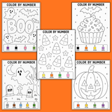 printable simple Halloween color by numbers for kids pdf, easy Halloween color by number pages, preschool Halloween coloring activity sheets, kindergarten Halloween worksheets, first grade Halloween activity pages, easy Halloween coloring pages for kids, jack o lantern color by number, pumpkin color by number, ghost color by number