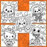 cute simple Halloween coloring pages for toddlers printable pdf, easy halloween coloring pages for preschoolers, bold Halloween coloring sheets for kindergarteners, werewolf coloring page, spell book coloring page, Beetlejuice coloring page, Nightmare Before Christmas coloring page, Hello Kitty Halloween coloring page