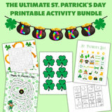 printable St. Patrick's Day banners, St. Patrick's Day word searches, St. Patrick's Day mazes, shamrock templates, St. Patrick's Day bingo, and St. Patrick's Day bookmarks