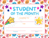 printable student of the month certificate pdf, cute student of the month award elementary school kids, preschool, daycare