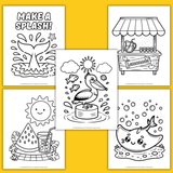 Printable summer coloring book for kids, mermaid tail coloring page, lemonade stand coloring page, pelican coloring page, lemonade coloring page, watermelon coloring page, stingray coloring page