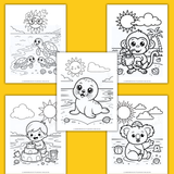 cute summer coloring pages printable pdf, kids summer coloring sheets, sea turtle coloring page, monkey coloring page, seal coloring page, sandcastle coloring page, koala coloring page, beach coloring pages