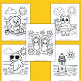 cute summer coloring sheets printable pdf, summer coloring pages for kids, beach coloring sheets, bear coloring pages, shark coloring page, flip flops coloring page, lighthouse coloring page