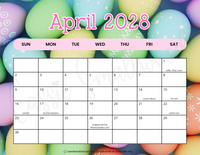 April 2028 calendar with holidays printable pdf, fun colorful 2028 monthly wall calendar to print