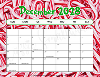 Aesthetic December 2028 calendar printable pdf, 2028 monthly calendar with holidays printable colorful horizontal landscape orientation