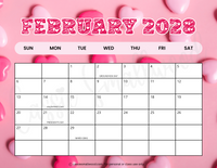 Printable February 2028 calendar with holidays, cute 2028 monthly calendar landscape colorful