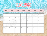 June 2028 calendar with holidays printable pdf, 2028 monthly calendar with holidays cute landscape horizontal school