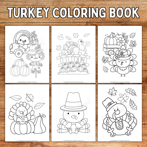 printable turkey coloring sheets on a wood background