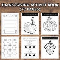 Thanksgiving activity book with various pages on a wooden background