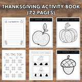 Thanksgiving activity book with various pages on a wooden background