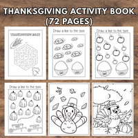 Thanksgiving activity book with coloring and learning pages on a wooden surface