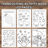 Thanksgiving activity book with coloring and learning pages on a wooden surface