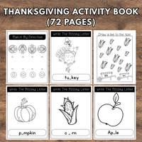 Thanksgiving activity book with black and white pages on a wooden background