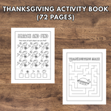 Two Thanksgiving-themed activity pages on a wooden surface