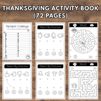 Thanksgiving activity book with various worksheets on a wooden background