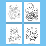 cute under the sea coloring pages printable pdf, sea creatures coloring sheets, jellyfish coloring page, crab coloring sheet, fish coloring page, clam coloring page, octopus coloring page, starfish coloring page, shark coloring page
