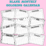 printable blank monthly calendar to color pdf, 12 month blank coloring calendar, blank calendar template, black and white calendar empty