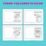 cute printable thank you cards to color for kids pdf, sloth birthday thank you card coloring page, strawberry thank you card coloring sheet, space birthday party thank you coloring card, teacher thank you card to color