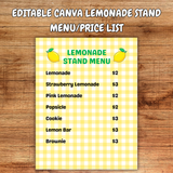 editable lemonade stand menu and price list canva template, lemonade stand printable signs, kids money management activities, lemonade stand decorations printable, lemonade stand menu ideas, lemonade stand price list printable editable
