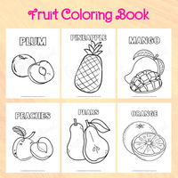 printable fruit coloring book, plum coloring page, pineapple coloring page, mango coloring page, peach coloring page, pear coloring page, orange coloring page