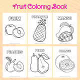 printable fruit coloring book, plum coloring page, pineapple coloring page, mango coloring page, peach coloring page, pear coloring page, orange coloring page