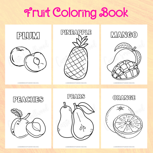 printable fruit coloring book, plum coloring page, pineapple coloring page, mango coloring page, peach coloring page, pear coloring page, orange coloring page