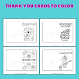 printable thank you cards to color for kids pdf, birthday party thank you cards for boys and girls, thank you card coloring pages for kids