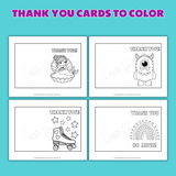 printable thank you cards to color pdf, mermaid birthday party thank you cards coloring page, monster birthday thank you cards coloring sheet, roller skating party thank you cards to color, rainbow thank you card to color