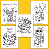 cute summer coloring pages for kids, lemonade coloring page, flower coloring page, flamingo pool float coloring page, lizard coloring page, sun coloring page, cooler coloring page