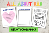 All about my dad printable set with fill in the blank dad questionnaire, dad and me picture drawing page, and World's best dad coloring page