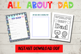 all about dad father's day printable bundle with dad questionnaire, dad and me drawing page, and father's day coloring page pdf