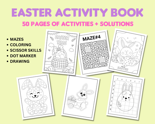 Easter Coloring and Activity Book for kids with Easter coloring pages, Easter mazes, Easter scissor skills, Easter dot marker, and Easter drawing pages