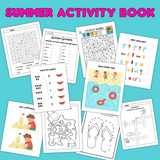 printable summer activity book for kids, summer mazes, summer coloring pages, summer dot to dot, summer matching games, summer crossword, summer word scramble, summer matching games