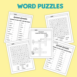 printable summer worksheets, printable summer word search, printable summer word scramble, printable summer crossword puzzle