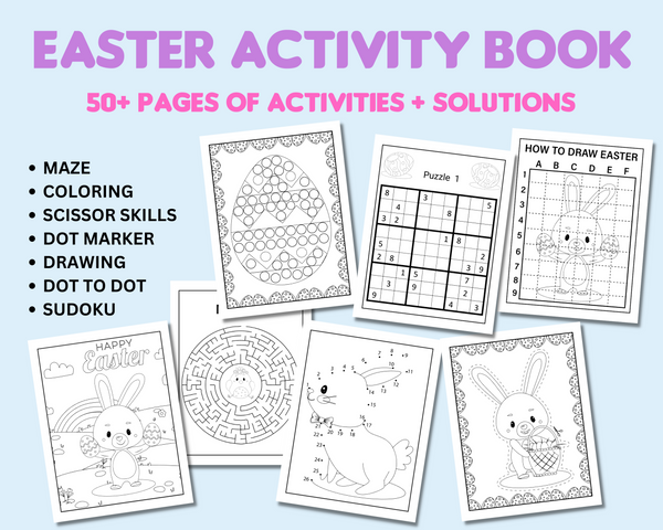 Easter coloring and puzzle book printable with Easter coloring pages, Easter puzzles, Easter drawing pages, Easter mazes, Easter dot to dot, Easter dot marker pages, and Easter sudoku games