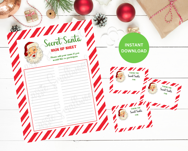 printable secret santa sign up sheet and drawing cards template set