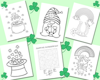 Printable St. Patricks Day coloring book for kids with St. Patrick's word search, St. Patty's maze, St. Patrick's Day gnome coloring pages
