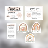 product packaging small business bundle, printable thank you cards, printable care cards, printable happy mail stickers neutral boho branding kit for small business owners