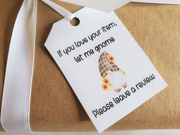Gnome please leave a review gift tags printable pdf for small business, Etsy shop packaging ideas, handmade gift tags to print out