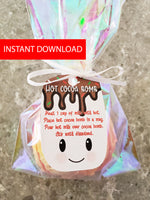 Christmas hot cocoa bomb tags marshmallow with chocolate drizzle and holiday sprinkles