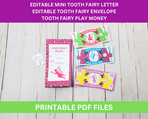 Editable Mini Tooth Fairy letter, Tooth Fairy play money, and editable Tooth Fairy envelope, Tooth Fairy gift set printable pdf
