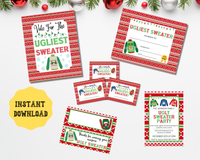 ugly sweater party voting set, editable invitation, and bag toppers