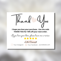 Customer thank yous printable, thanks for purchase post card, thank you for order card