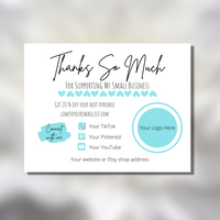 thank you for supporting my small business card, product packaging insert card, social media card, turquoise branding bundle